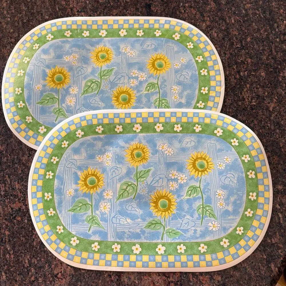 Vintage Sunflower Placemats Set of 2 Blue Gingham Country Cottage Kitchen